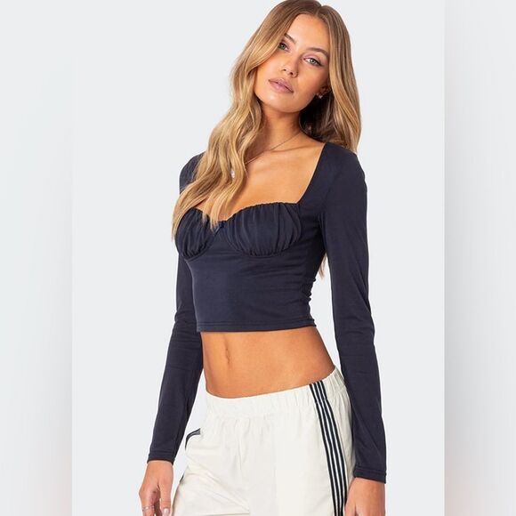 NWT EDIKTED Rain Cupped Long Sleeve Top Navy Medium - Picture 3 of 14